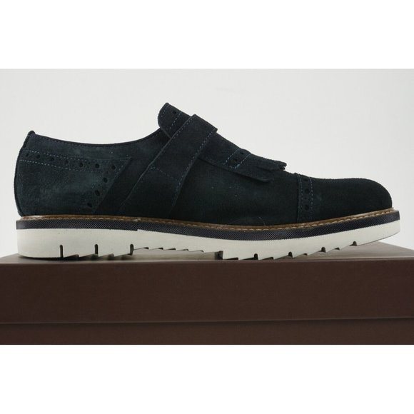 New Thompson Mens US 9 Blue Suede Kilted Almond Cap Toe Single Monk Strap Loafer - Picture 2 of 10